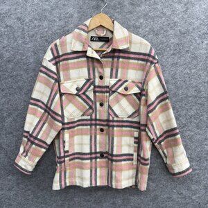 ZARA Shirt Women's Pink Plaid Workwear Relaxed Shacket, Buttoned, Size XS